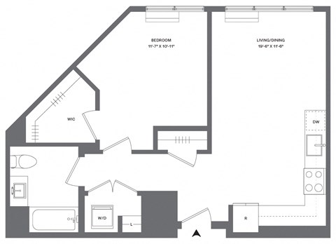 Floor plan for 1 bed, 1 bath, 663 sqft